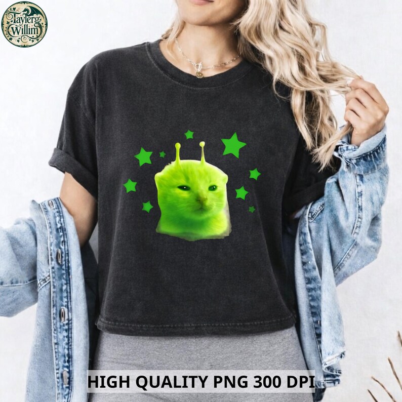 Brainrot Meme Green Alien Cat Meme PNG | Glorp Alien Kitty Graphic ...