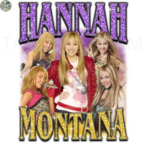 May include: A graphic featuring the text "HANNAH MONTANA" in glittery purple and gold. The image showcases multiple photos of a blonde woman in various outfits, including a red jacket and a pink top, all smiling.