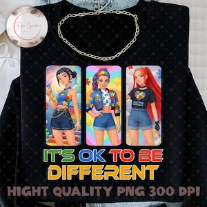 May include: Black t-shirt with a gold chain and three illustrations of diverse women. The illustrations feature puzzle pieces and the text "IT'S OK TO BE DIFFERENT". The shirt also has the text "HIGH QUALITY PNG 300 DPI".