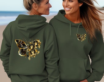 Schmetterling Hoodie, Schmetterlingsprint Kapuzenpulli beidseitig Bedruckt, Butterfly Hoodie, Bunter Schmetterling mit Blumen Sweater