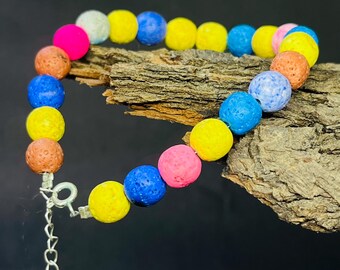 Pulseira de pedra vulcânica natural multicolorida – Pulseira elástica com contas de 8 mm para homens e mulheres, joia difusora de aromaterapia