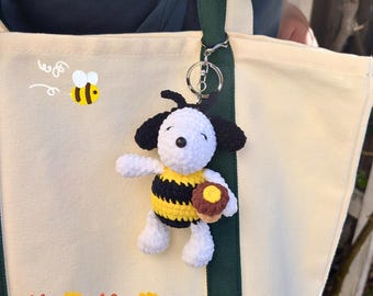 Snoop Honey Bee Beagle Dog Plush Crochet Keychains  | Cute Yarn Animal Bag Charm Accessory | Handmade Amigurumi Gift