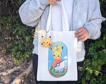 Borsa tote ispirata a Yellow Electric Mouse / Borsa in tela con design originale Kawaii a tema animali dei cartoni animati / Borsa per la spesa riutilizzabile / Regalo per i fan degli anime