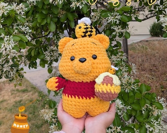 Bear with Honey Pot Crochet Plush – Handmade Yellow Tiny Red Shirt Animal Plushies | Cute Soft Toy Gift
