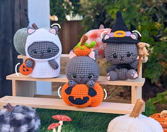 Peluche gatto di Halloween all'uncinetto / Gattino spettrale amigurumi fatto a mano, Peluche gatto nero zucca, Decorazione gatto strega, Regalo di Halloween