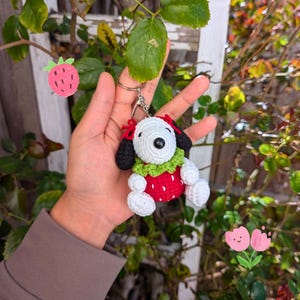 Strawberry Snoo Puppy Keychain | Handmade Beagle Dog Amigurumi Bag Charm | Cute Animal Keyring