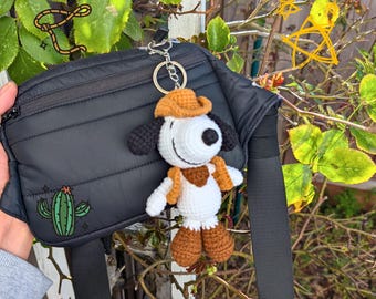 Cowboy Snoop Beagle Dog Crocheted Plush Keychain | Handmade Cartoon Toy Bag Charm | Amigurumi Gift