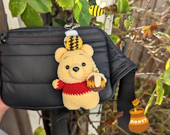 Bear with Honey Pot Crochet Plush Keychain – Handmade Yellow Tiny Red Shirt Bag Charm | Cute Soft Toy Gift