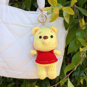 Honey Bear Crochet Plush Keychain – Handmade Yellow Bear Bag Charm with Red Shirt | Cute Soft Toy Gift