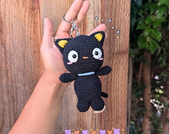 Portachiavi in ​​peluche fatto a mano all'uncinetto a forma di gatto nero Choco / Peluche gattino Kawaii / Morbido giocattolo a forma di gatto all'uncinetto / Regalo accogliente per gli amanti dei gatti