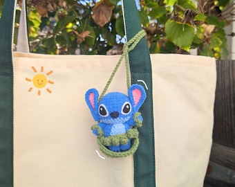 Blue Alien Hula Hawaii Handmade Crochet Hanging Plush | Bag Charm | Car Rearview Mirror Hanging Ornament | Cute Kawaii Gift