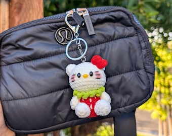 Strawberry Bow Kitty Crocheted Plush Keychain | Bag Charm Accessory | Japanese Anime Characters |  Kawaii Gifts