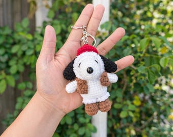 Snoop Dog in Cozy Winter Outfit Crochet Plush Keychain  | Handmade Dog Amigurumi Bag Charm | Cute Animal Keyring Gift
