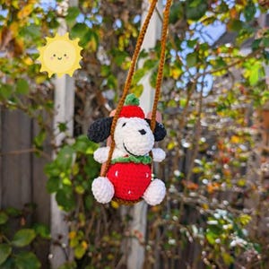 Strawberry Snoop Beagle Dog Hanging Plush | Handmade Animal Swing Decor | Kawaii Bag Charm or Car Mirror Ornament