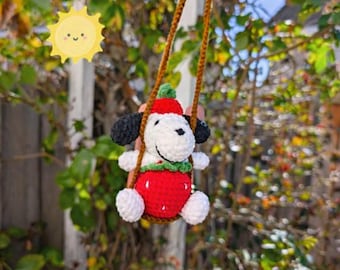 Snoop Beagle Dog Strawberry Hanging Plush | Handmade Animal Swing Decor | Kawaii Bag Charm or Car Mirror Ornament