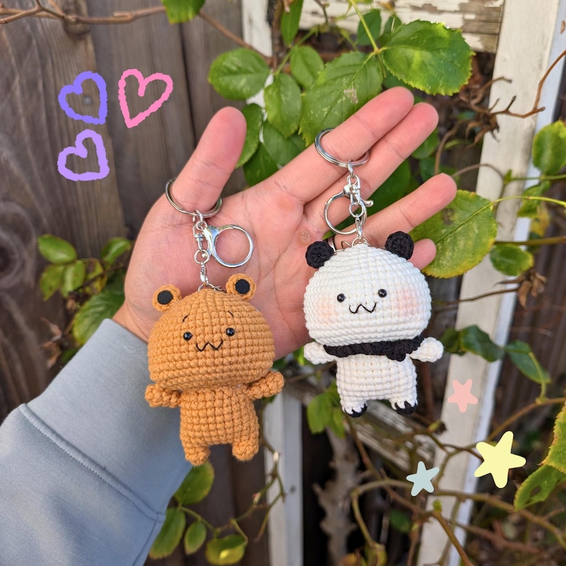Panda and Brown Bears Handmade Crochet Keychain | Cute Dudu Bubu Couple Bear Bag Charm | Kawaii Cartoon Amigurumi Gift image 1