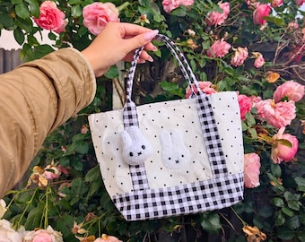 Kawaii Bunny Tote Bag with Zipper Closure | Gingham Canvas Bag Handmade Rabbit Charm | Cottagecore Everyday Purse
