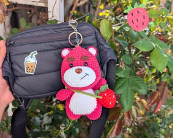 Pink Strawberry Bear Crochet Plush Keychain | Handmade Cute Cartoon Bag Charm | Kawaii Gift