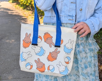 Bunny Canvas Tote Bag with Zipper Closure | Cute Reusable Bag | Handmade Bag Charm | Large Capacity | Everyday Tote