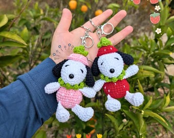Strawberry Snoo Beagle Dog Crocheted Keychains | Strawberry Bag Charm | Handmade Amigurumi Gift