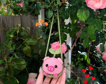 Pig Crochet Hanging Plush Keychain | Handmade Kawaii Pig Bag Charm | Pink Amigurumi Car Mirror Hanging Decor | Gift for Pig Lovers