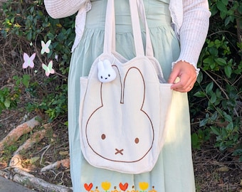 Bunny Corduroy Tote Bag with Magnetic Closure | Cute Rabbit Shoulder Bag Kawaii Large Capacity Aesthetic Everyday Bag Gift for Her