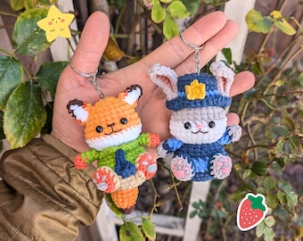 Handmade Crochet Bunny and Fox Duo Keychains | Cute Animal Amigurumi Bag Charms | Forest Police Inspired Gift