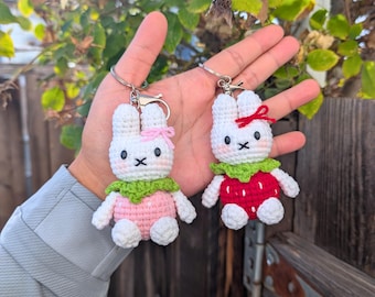 Bunny Strawberry Crochet Keychain | Handmade Kawaii Rabbit Bag Charm | Animal Plush Keychain | Gift for Bunny Lover