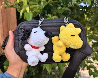 Snoop Beagle Dog and Yellow Bird Crocheted Keychains | Bag Charm | Car Mirror Hanging Accessory | Handmade Amigurumi Gift