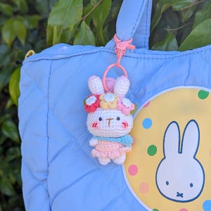 Flower Bunny Crochet Keychain - Cute Kawaii Handmade Plush Bag Charm | Cartoon Rabbit Gift | Soft Plush Keyring for Accessories