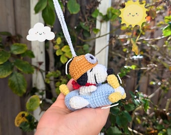 Pilot Snoop Beagle Dog Airplane Hanging Plush | Handmade Animal Swing Decor | Kawaii Bag Charm or Car Mirror Ornament