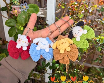 Kawaii Crochet Puppy and Kitty Bow Keychains | Handmade Plush Animal Bag Charm | Plush Keychain Gift