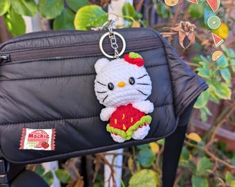 Strawberry Kitty Crocheted Plush Keychain | Handmade Bag Charm Accessory | Cartoon Anime Characters | Kawaii Gifts