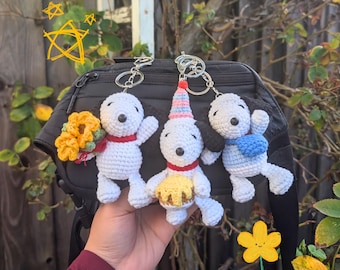 Snoop Beagle Dog Plush Crochet Keychains  | Cute Yarn Sunflower Bag Charm Accessory | Handmade Birthday Amigurumi Gift
