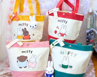 Bunny Bucket Canvas Bag with Magnetic Closure |  Handmade Crocheted Keychain | Pastel Kawaii Rabbit Kid Easter Accessory Gift