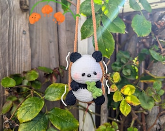 Handmade Crochet Panda Hanging Plush | Cute Amigurumi Animal Swing Decor | Kawaii Bag Charm or Car Mirror Ornament