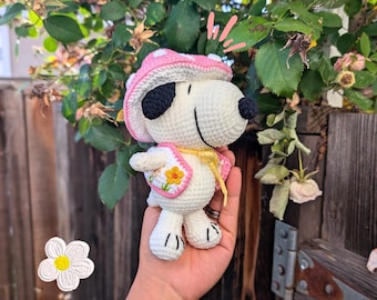 Snoo Mushroom Beagle Puppy Crochet Plush | Handmade Pink Cottagecore Dog Doll | Cute Amigurumi Gift for Desk Decor & Collectors