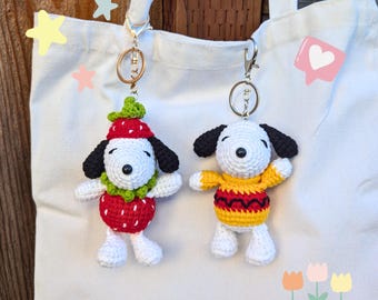 Snoop Beagle Dog Crocheted Keychains | Strawberry Bag Charm | Handmade Amigurumi Gift