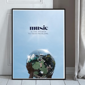 Plakat z tekstem Music Is the Answer | Minimalistyczny wydruk muzyki house | Dekoracja taneczna Y2K | Natychmiastowe pobranie