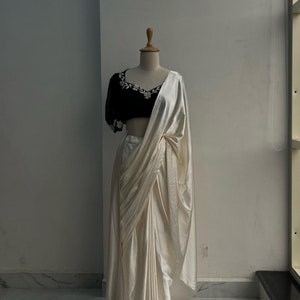 Manish Malhotra  inspaire Bollywood Style Party Wear Bridesmaid modal satin pure white premium saree with handwork black blouse