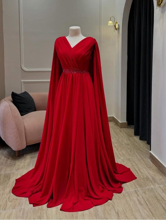 Red Silk Cape Dress: Long Sleeve Floor-Length Gown