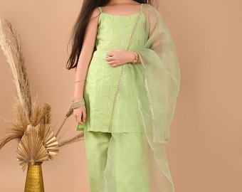 Gota Patti Embellished Sleeveless Kurta Palazzo Set with Dupatta for Girls (Light Green)