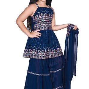 Girls' Blue Embroidered Sharara Suit: Georgette Pakistani Kids Wear