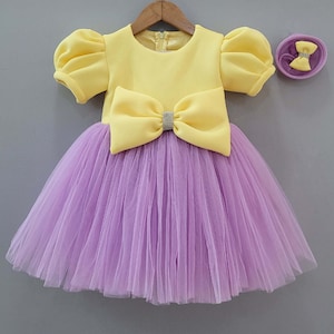 Flower Yellow frock Tulle Tutu Dress Princess Yellow And Lavender Bow Detailing Dress | Back Zip | Embroidered Dress for Birthday Girls.