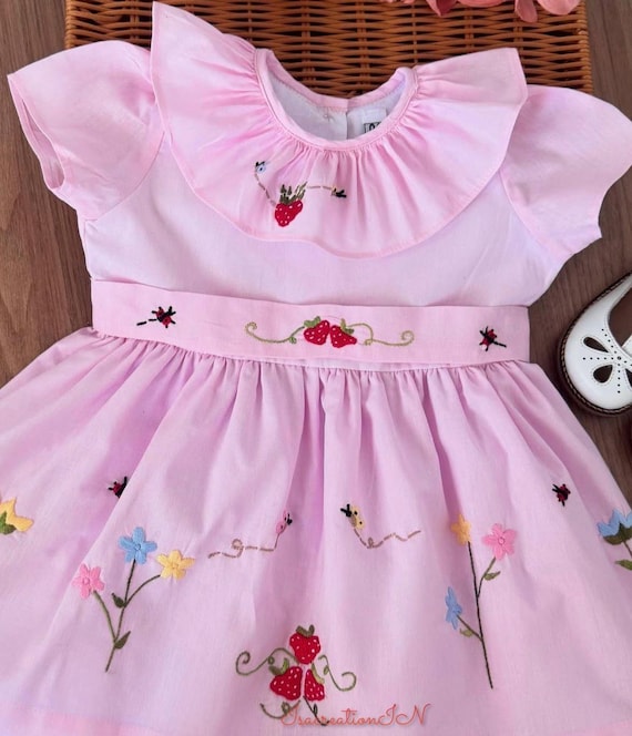 Hand Smocked Christmas Bishop Dress: Ivory Lace, Pink Embroidery Hand Smocked Christmas Bishop Dress: Ivory Lace, Pink Embroidery