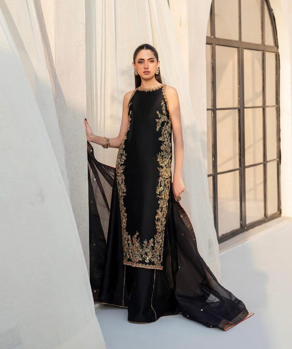 Black Silk Kurta Set: Gold Zari Embroidery, Pakistani Dress