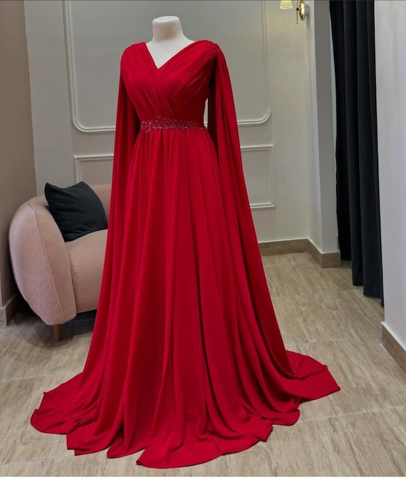 Red Silk Cape Dress: Long Sleeve Floor-Length Gown Red Silk Cape Dress: Long Sleeve Floor-Length Gown
