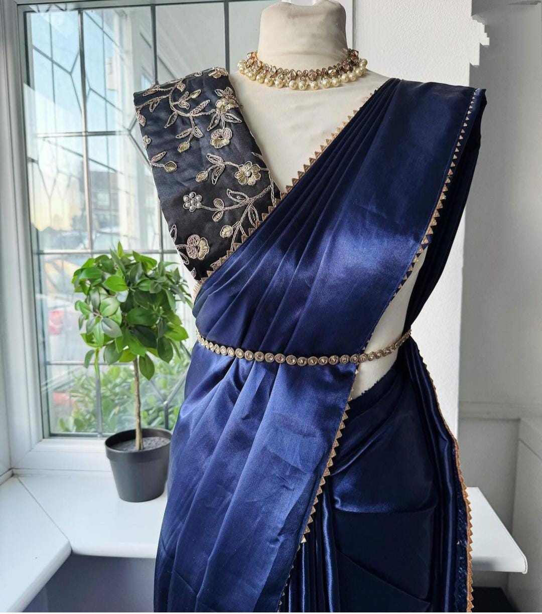 Navy blue plain silk saree hotsell
