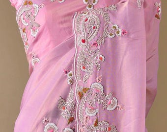 Saree in raso di seta rosa puro, Saree in seta rosa ricamato a mano / Saree per feste nuziali / Saree festivo leggero con sari intricato