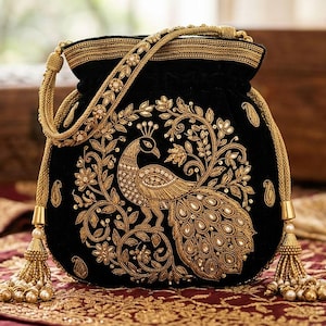 Luxury Black Velvet Potli Bag with Peacock Embroidery, Indian Wedding Clutch, Bridal Potli Purse, Ethnic Drawstring Bag, Festive Handbag